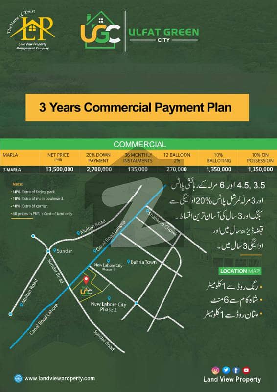 3 Marla Commercial Plots For Sale On Easy Installments In Ulfat Green City.