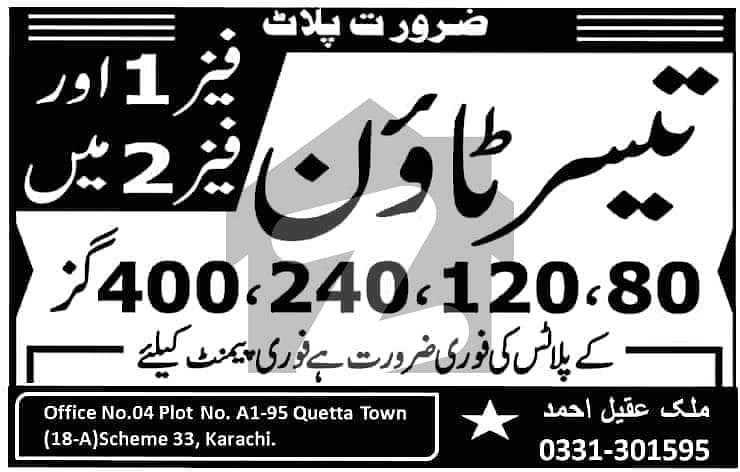 120 Sq Yd  Park Face + 40ft Road Sector 74 Phase 1 Taiser Town Scheme 45, Karachi.