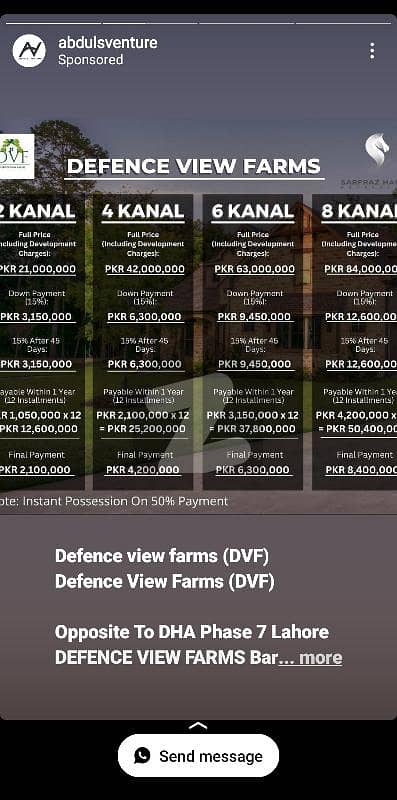 4 Kanal Defence View Farm Available Opposite To Dha Phase 7 One Year Instalment Plan