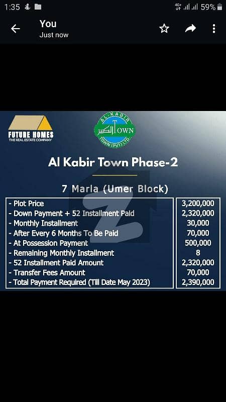 Al Kabir Town Ph-2 Umar Block 7 Marla Corner Plot Available
