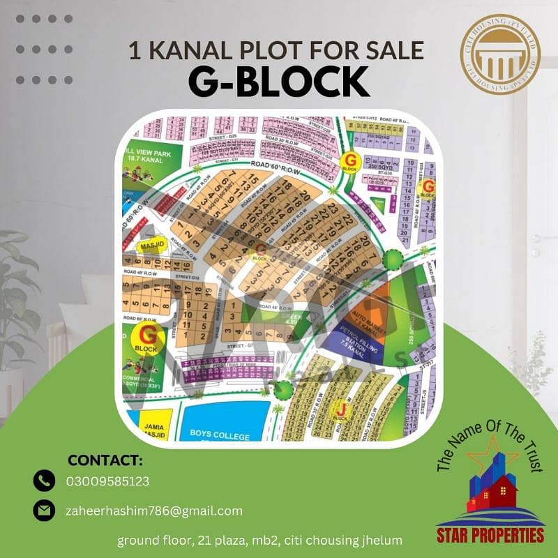 1 Kanal Residential Plot For Sale In G Block Citi Housing Jhelum
