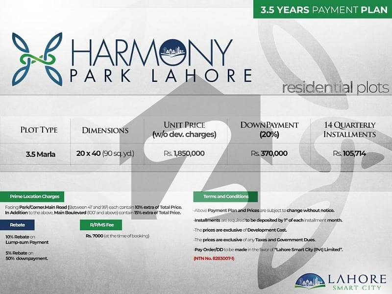 3.5 Marla Plot File At Harmony Park Lahore Smart City Main GT Road Kala Shahkaku Lahore