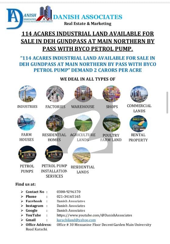 114 INDUSTRIAL LAND AVAILABLE FOR SALE IN DEH GUNDPASS AT NORTHERN BY PASS WITH BYCO PETROL PUMP