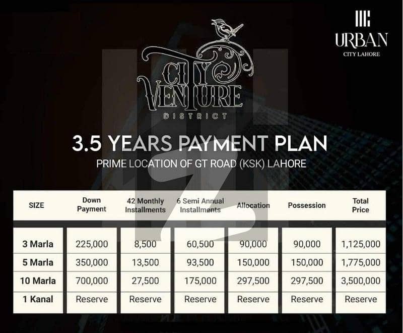 The City Venture Block in Urban City Lahore is a housing project that offers plots for sale on a 3.5-year installment plan