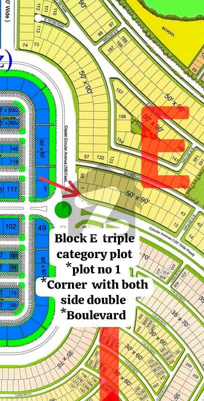 Gulberg Residencia Islamabad Block E Plot Golden Number CORNER + Main Boulevard + Main Boulevard Three Categories (3) South Face Front Open Developed Possession Size Kanal. Measurement Front 67 Foots,