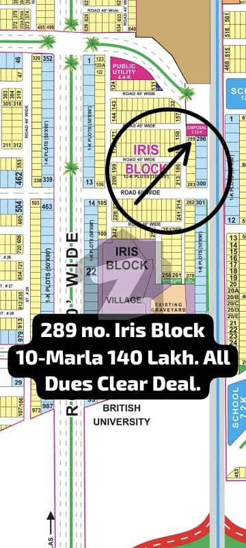 289 No. Iris Block 10-Marla 140 Lakh. All Dues Clear Deal, Best Location For Constructing Your Dream House In Bahria Town Lahore