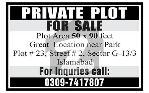 Prime Location 1 Kanal Residential Plot for Sale in G-13/3, Islamabad