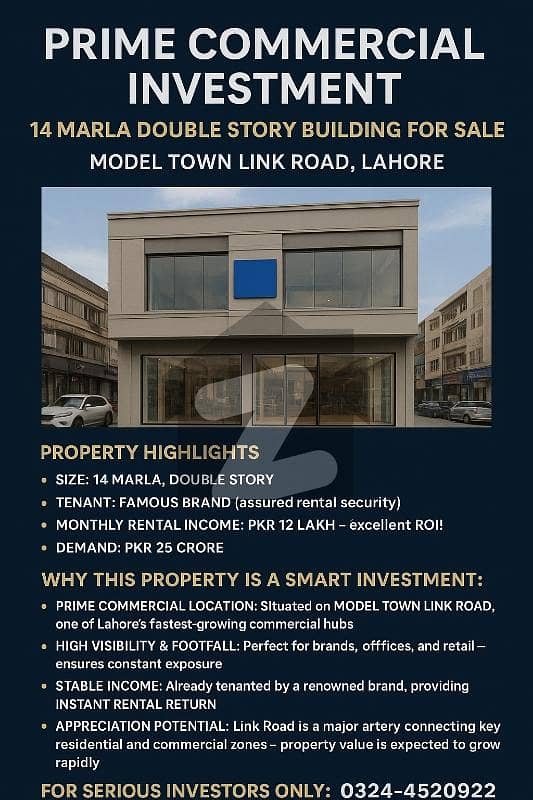 ماڈل ٹاؤن لِنک روڈ ماڈل ٹاؤن,لاہور میں 14 مرلہ عمارت 25.0 کروڑ میں برائے فروخت۔
