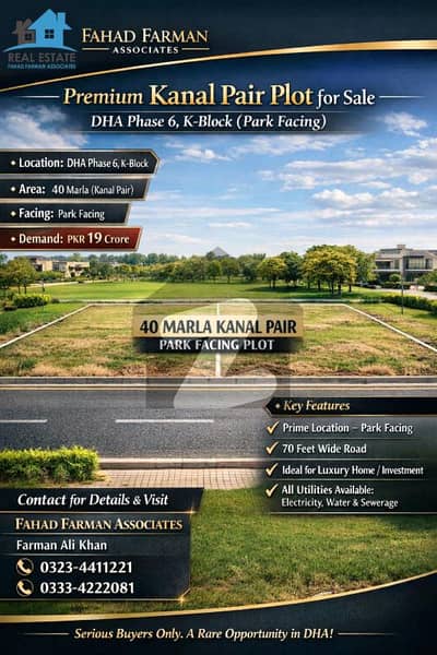 Fahad Farman Associates Offers, Kanal Pair, K-Block, DHA Phase 6. Plot For Sale