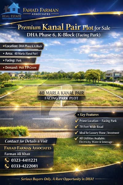 ڈی ایچ اے فیز 6 - بلاک کے فیز 6,ڈیفنس (ڈی ایچ اے),لاہور میں 2 کنال رہائشی پلاٹ 19.0 کروڑ میں برائے فروخت۔