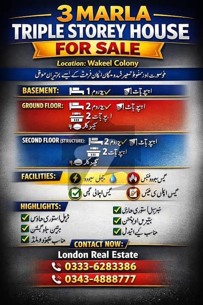 وکیل کالونی اسلام آباد ہائی وے,راولپنڈی میں 5 کمروں کا 3 مرلہ مکان 65.0 لاکھ میں برائے فروخت۔