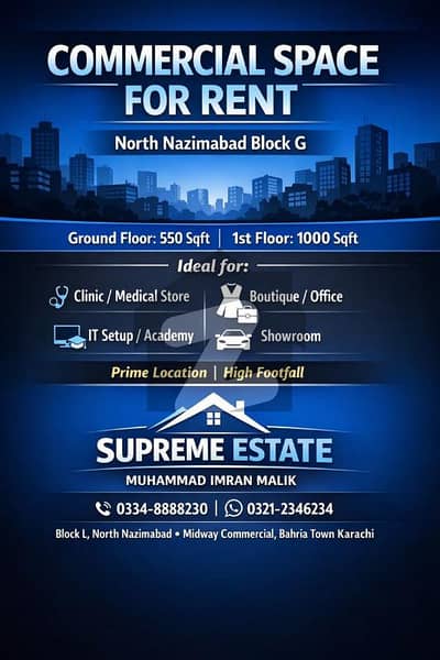 نارتھ ناظم آباد ۔ بلاک جی نارتھ ناظم آباد,کراچی میں 3 کمروں کا 3 کنال دکان 4.9 لاکھ میں کرایہ پر دستیاب ہے۔