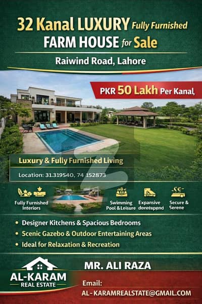 32 Kanal Luxury Fully Furnished Farm House for Sale on Raiwind Road, Lahore | PKR 50 Lakh per Kanal