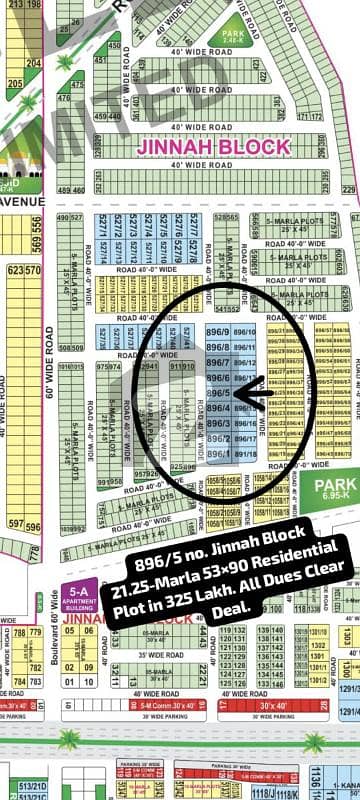 896/5 No. Jinnah Block 21.25-Marla Residential Plot In 325 Lakh. All Dues Clear Deal, Best Location For Constructing Your Dream House In Bahria Town Lahore.