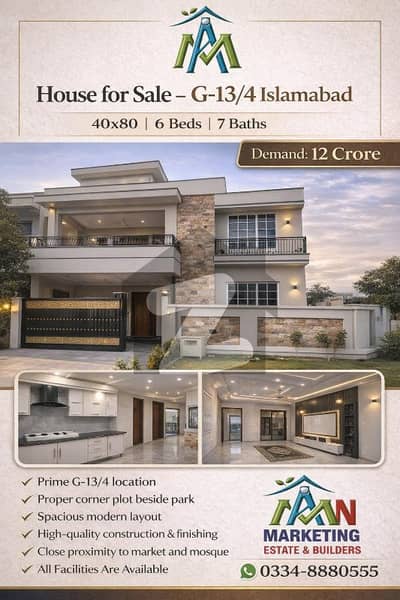 G-13/4 Street 149 Brand New Corner House Prime Locaiton Size 40x80 For Sale G-13/4 Street 149 Brand New Corner House Prime Locaiton Size 40x80 For Sale
