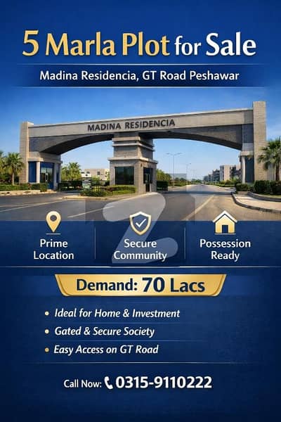 Prime 5 Marla Plot for Sale Madina Residencia, GT Road Peshawar