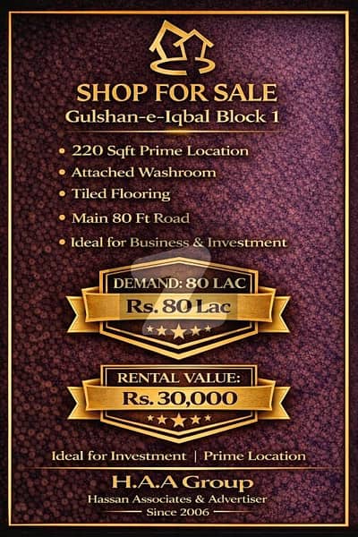 Centrally Located Shop In Gulshan-E-Iqbal - Block 1 Is Available For Sale