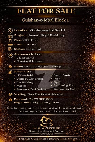 رائل رسدنکے گلشنِ اقبال ٹاؤن,کراچی میں 3 کمروں کا 6 مرلہ فلیٹ 2.3 کروڑ میں برائے فروخت۔