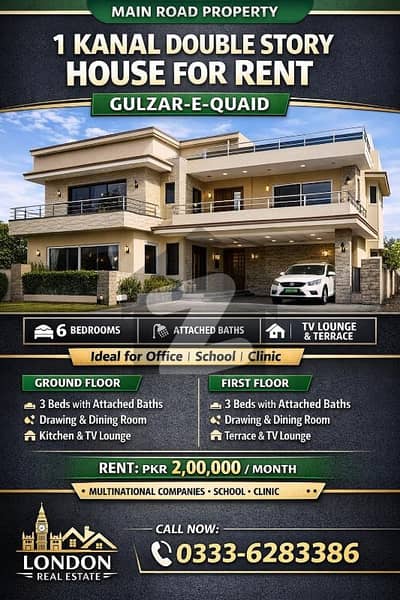 One Kanal Double Storey House For Rent In Gulzar-e-Quaid Ideal For Companies, School & Clinic