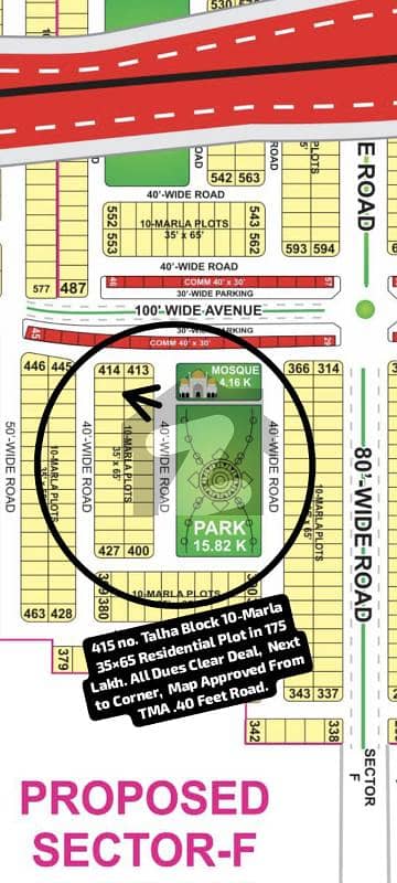 415 no. Talha Block 10-Marla (35 by 65) Residential Plot in 175 Lakh. All Dues Clear Deal, Next to Corner. TMA Map Approved. Best Location For Constructing Your Dream House in Bahria Town Lahore.