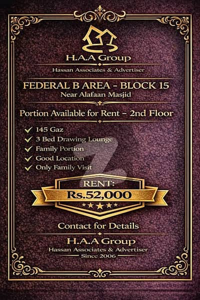 second floor 145 gaz portion available for rent