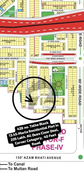 428 no. Talha Block 13.75-Marla (48.5 by 65) Residential Plot in 205 Lakh. All Dues Clear Deal, Corner Category. 40 Feet Road. Best Location For Constructing Your Dream House in Bahria Town Lahore