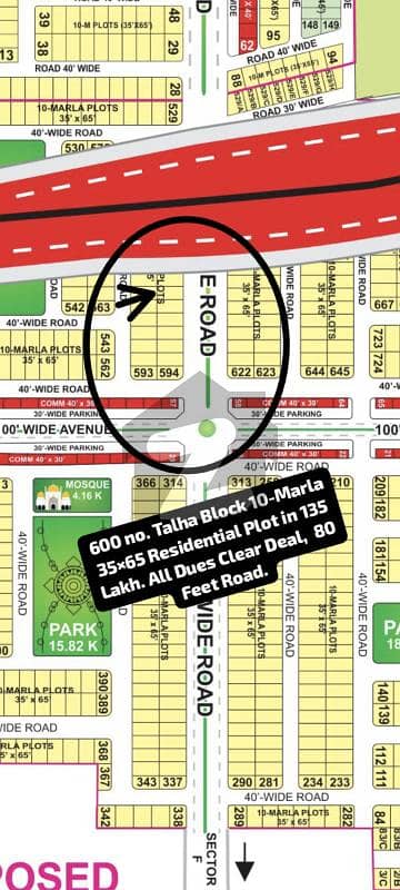 600 No. Talha Block 10-Marla (35 By 65) Residential Plot In 135 Lakh. All Dues Clear Deal, 80 Feet Road. Best Location For Constructing Your Dream House In Bahria Town Lahore
