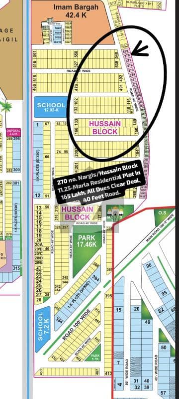270 no. Nargis/Hussain Block 11.25-Marla Residential Plot in 165 Lakh. All Dues Clear Deal, 40 Feet Road. Best Location For Constructing Your Dream House in Bahria Town Lahore