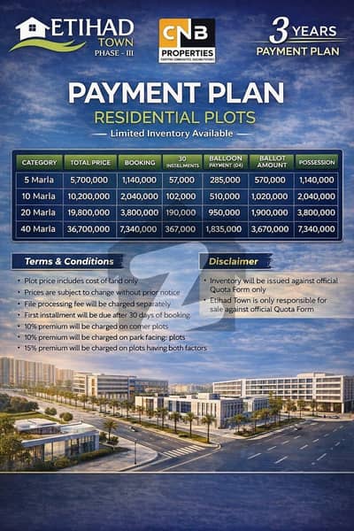 5 Marla Plot is Available for Sale in Etihad Town Phase 3 on 3 Years Payment Plan