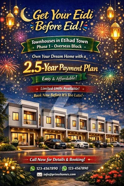 Prime Town House for Sale in Overseas Block Etihad Town Phase 1 Raiwind Road Lahore on 2.5 Years Payment Plan