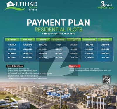 Title: 5 Marla Residential Plot on 3-Year Installments - Etihad Town Phase 3