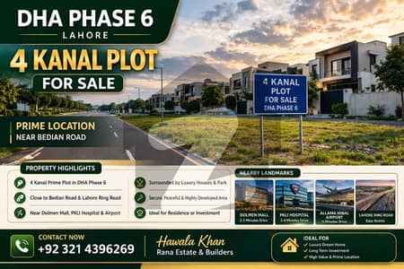 ڈی ایچ اے فیز 6 - بلاک ای فیز 6,ڈیفنس (ڈی ایچ اے),لاہور میں 4 کنال رہائشی پلاٹ 35.0 کروڑ میں برائے فروخت۔