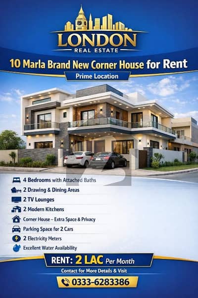 10 Marla Brand New Corner House for Rent