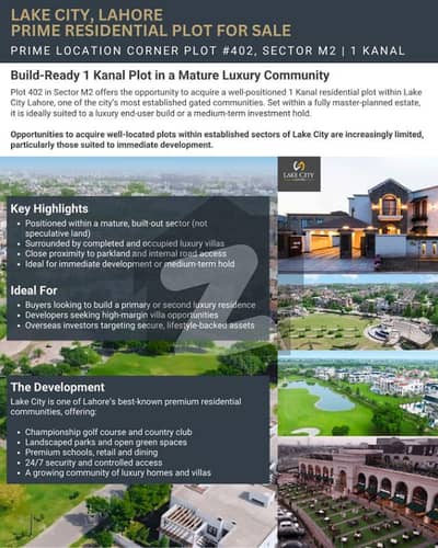 Prime 1 Kanal Corner Plot for Sale in Lake City Lahore Sector M2
