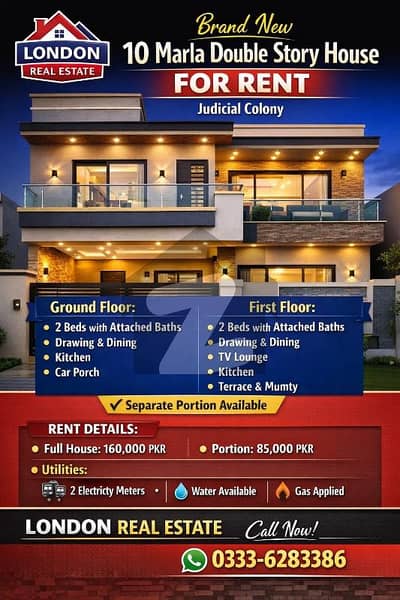 Brand New 10 Marla Double Story House for Rent Judicial Colony