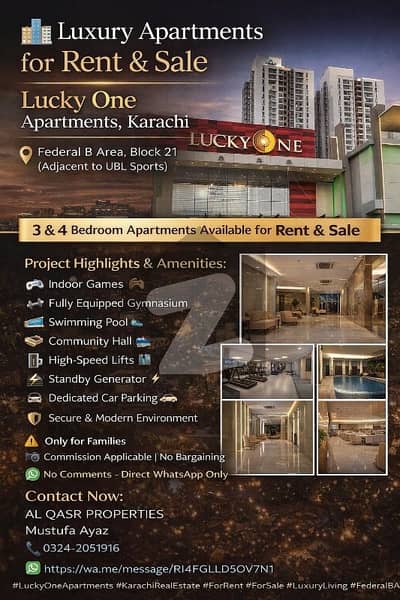 لکی وَن آپارٹمنٹ راشد منہاس روڈ,کراچی میں 3 کمروں کا 12 مرلہ فلیٹ 2.15 لاکھ میں کرایہ پر دستیاب ہے۔ لکی وَن آپارٹمنٹ راشد منہاس روڈ,کراچی میں 3 کمروں کا 12 مرلہ فلیٹ 2.15 لاکھ میں کرایہ پر دستیاب ہے۔