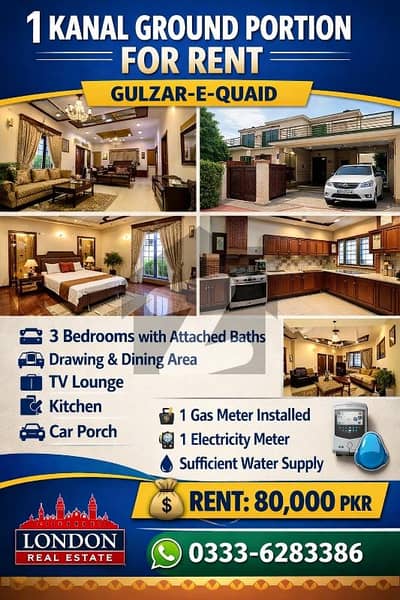 گلزارِ قائد ہاؤسنگ سوسائٹی راولپنڈی میں 3 کمروں کا 1 کنال زیریں پورشن 80.0 ہزار میں کرایہ پر دستیاب ہے۔