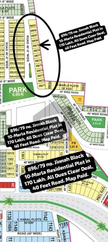 896/79 no. Jinnah Block 10-Marla (35 by 65) Residential Plot in 170 Lakh. All Dues Clear Deal, 40 Feet Road. Best Location For Constructing Your Dream House in Bahria Town Lahore