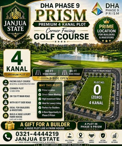 DHA Phase 9 Prism 4 Kanal Premium Plot for Sale  Location: Prime corner plot in DHA Phase 9 Prism  Size: 4 Kanal  Position: Corner | 3-Side Open  Facing: Beautiful Golf Course View  Road Access: Located on 150 ft main road with 80 ft side road  Ideal For: Perfect opportunity for builders & investors  Potential: Best for constructing a luxury, high-end residence  Surroundings: Premium location with strong future value and elite environment