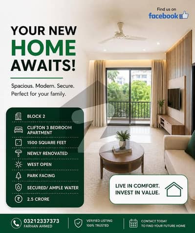 3 Bed Apartment for Sale in Clifton Block 2 1500 Sq Ft | West Open | Park Facing