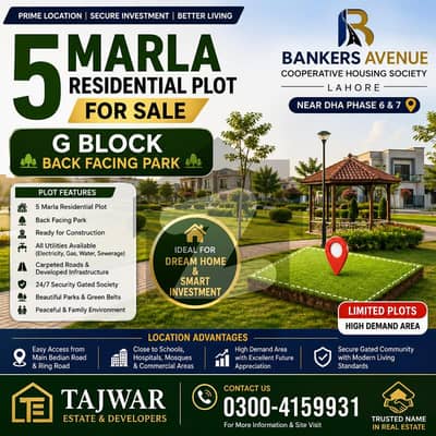 5 Marla Residential Plot For Sale | G Block (Back Facing Park) | Prime Location Bankers Avenue Cooperative Housing Society Lahore