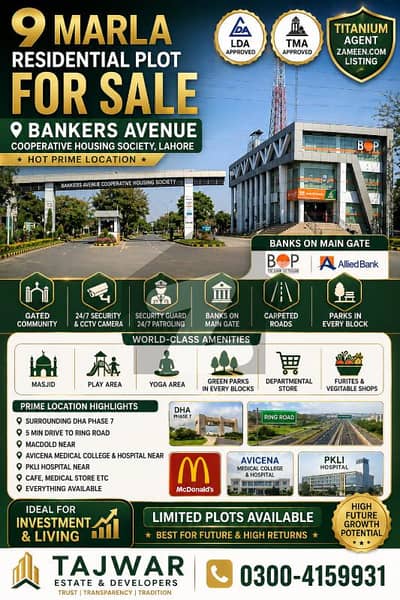 9 Marla Residential Plot for Sale in Bankers Avenue Cooprative Housing Society| LDA & TMA Approved | Prime Location | Ideal Investment Opportunity