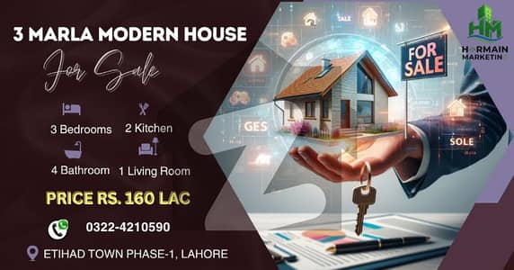 3 Marla Ready to Shift House, 3 Bedrooms, 4 Washrooms, Regisrty, Loan Facility Available, For Sale in Etihad Town Phase1 Lahore.