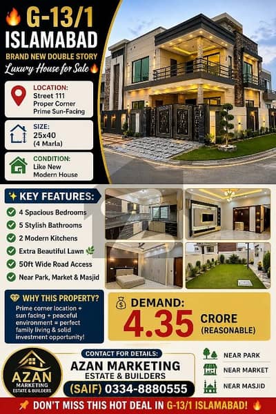 G-14/2 Brand New Double Storey House 30x60 For Sale