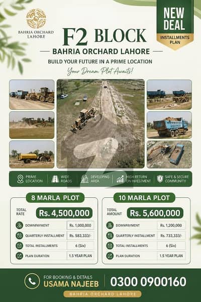 1.5 Year Installment Plan for 10 Marla Plot in F2 Block Bahria Orchard Lahore