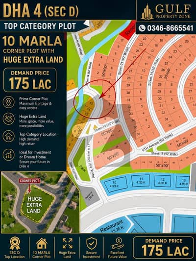 10 Marla Corner Plot for Sale Sector D, DHA Phase 4 | Huge Extra Land