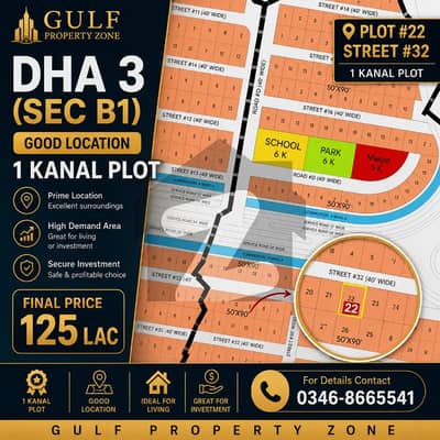 1 Kanal Residential Plot for Sale Sector B-1, DHA Phase 3 | Final Price 1.25 Crore