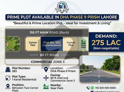 1 Kanal Prime Location Plot Facing Commercial Zone 3 | 80 Ft Road | DHA Phase 9 Prism