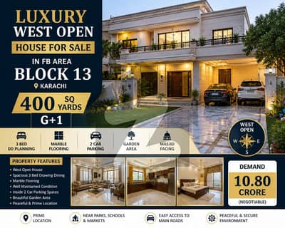 Luxury West Open House for Sale in FB Area Block 13 Karachi 400 Sq Yards G+1