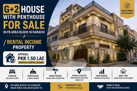 G+2 House with Penthouse for Sale in FB Area Block 16 Karachi / Rental Income Property